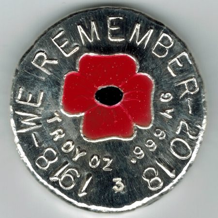 1918 - WE REMEMBER - 2018 - POPPY 1 OZ SILVER ROUND - THE COIN SHOPPE - Serial Number - Mintage of 100