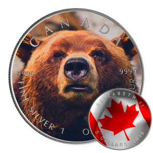 GRIZZLY BEAR - 2015 1 oz Pure Silver Canadian Coin - Color and Antique Finish