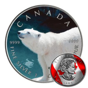 POLAR BEAR - 2015 1 oz Pure Silver Canadian Coin - Color and Antique Finish