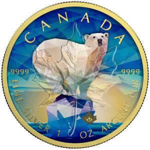 **FREE SHIPPING** MAPLE LEAF POLAR BEAR - 2017 Canadian Silver Maple Leaf 1 oz Pure Silver Coin - Color and 24K Gold Gilding