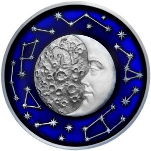 THE MOON - CELESTIAL BODIES - 2017 2 oz Pure Silver Coin- NIUE- SELECTIVE DARK ANTIQUE FINISH & BLUE METALLIC ENAMEL