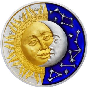 THE SUN & THE MOON - CELESTIAL BODIES - 2017 2 oz Pure Silver Coin- NIUE- SELECTIVE GOLD PLATED & BLUE METALLIC ENAMEL