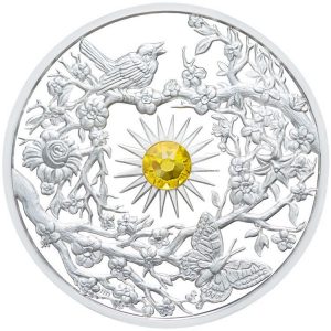 SPRING - FOUR SEASONS - 2017 $5 2 oz  High Relief Silver Coin - Proof Finish with Citrine Gemstone