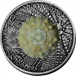 ECHINOIDEA - SEA URCHIN FOSSIL - WORLD OF EVOLUTION - 2017 1 oz Pure Silver Antiqued Coin - BURKINA FASO