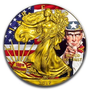 UNCLE SAM - 100TH ANNIVERSARY - 2017 1 oz American Silver Eagle Coin - Color & 24K Gold Plating