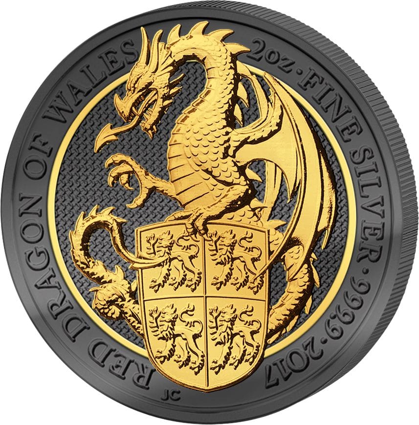 DRAGON - QUEEN'S BEASTS - PREMIUM GOLDEN ENIGMA - 2017 2 oz Pure Silver Coin - Ruthenium and 24K Gold Plating