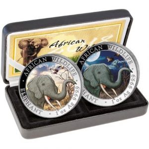 OFFICIAL SOMALIA SILVER ELEPHANT "DAY & NIGHT SET" - 2018 2 X 1 oz Pure Silver Color Coin in Case