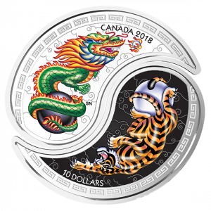 TIGER AND DRAGON - BLACK AND WHITE YIN AND YANG COINS - 2018 2 X $10 1/2 oz Fine Silver Coin - Royal Canadian Mint