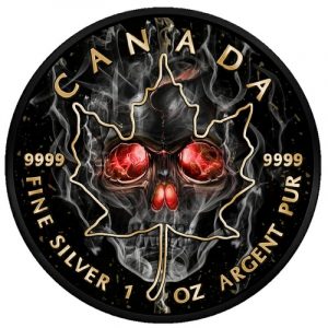 MAPLE LEAF SMOKED SKULL - 2018 1 oz Pure Silver Coin - Black Ruthenium and Color