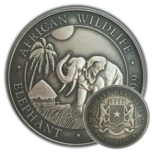 SOMALIAN ELEPHANT - 2017 1 oz Pure Silver Coin with Capsule - Antique Finish