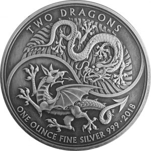 TWO DRAGONS - 2018 1 oz Pure Silver Coin - ANTIQUE FINISH - United Kingdom