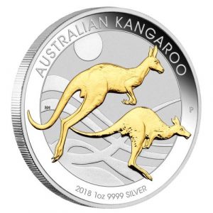 AUSTRALIAN KANGAROO - 2018 1 oz Pure Silver Gilded Coin - Perth Mint - AUSTRALIA