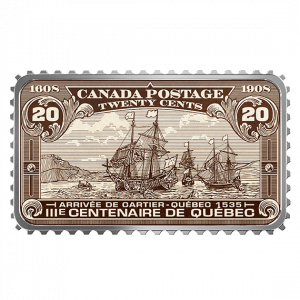 CANADA'S HISTORICAL STAMPS: ARRIVAL OF CARTIER – QUÉBEC 1535 - 2018 $20 1 OZ FINE SILVER COIN – ROYAL CANADIAN MINT