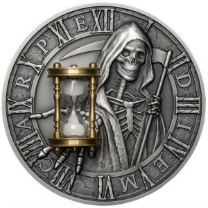 CARPE DIEM - 2018 2 oz Pure Silver Antiqued Coin with Real Sand Hourglass- Niue