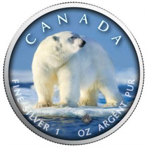 POLAR BEAR - ON THE TRAILS OF WILDLIFE - MAPLE LEAF - 2019 1 oz Pure Silver Color Coin In Capsule