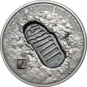 MOON LANDING FOOTPRINT - 2019 1 oz $5  Pure Silver Coin with Real Moon Meteorite Inlay - Cook Islands