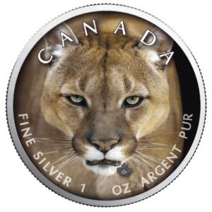 COUGAR  - CANADA'S WILDLIFE - MAPLE LEAF - 2019 1 oz Pure Silver Color Coin In Capsule