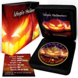 MAPLE HALLOWEEN - 2019 1 oz Silver Coin in Capsule - 24K Gold Plating and Color