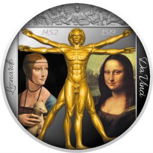 GENIUS OF THE RENAISSANCE LEONARDO DA VINCI - 2019 1 oz 50 mm Pure Silver Coin with Selective Gilding & Color - Mint of Poland - Niue