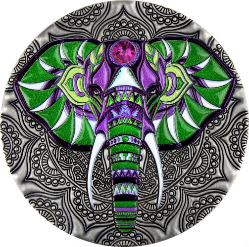 ELEPHANT - MANDALA COLLECTION - 2019 2 oz Pure Silver Antique Finish Coin with Swarovski Crystal - Niue