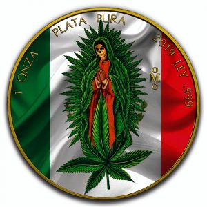 MARIJUANA CANNABIS SANTA MUERTE - 2019 1 oz Mexican Silver Libertad Coin -  24K Gold Plating and Color