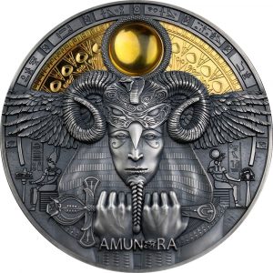 AMUN-RA - Divine Faces Of The Sun - 2020 3 oz Pure Silver Antique Finish Coin with Selective Gilding and Amber Insert - Niue