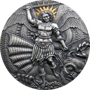 ST. MICHAEL AND THE DRAGON - Apocalypse - 2020 3 oz Pure Silver Antique Finish Coin with Selective Gold Gilding - Cameroon