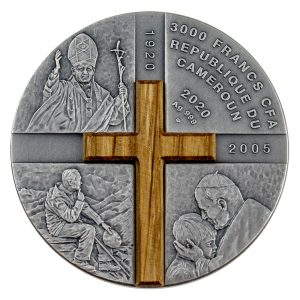 KAROL WOJTYLA IN MEMORIAM – 100TH ANNIVERSARY OF THE BIRTH - 2020 3000 CFA 100 Grams Pure Silver Coin with Wood Insert - Mint of Poland - Republic of Cameroon