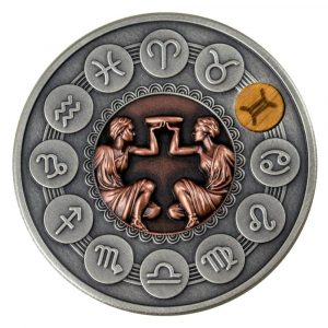 GEMINI - ZODIAC SIGNS - 2020 1 oz Pure Silver Antiqued Coin with Wood Insert - Mint of Poland - Niue