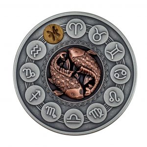 PISCES - ZODIAC SIGNS - 2020 1 oz Pure Silver Antiqued Coin with Wood Insert - Mint of Poland - Niue