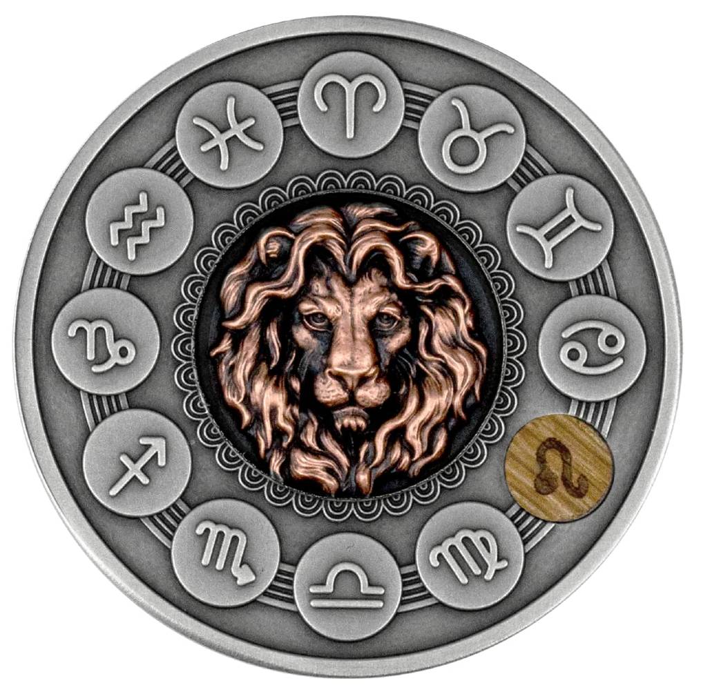 LEO - ZODIAC SIGNS - 2020 1 oz Pure Silver Antiqued Coin with Wood Insert - Mint of Poland - Niue