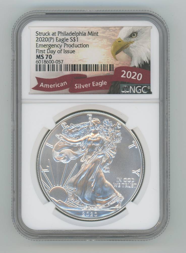 2020(P) $1 1-oz Silver Eagle Struck at Philadelphia Emergency Production NGC MS70 First Day of Issue with Eagle Label