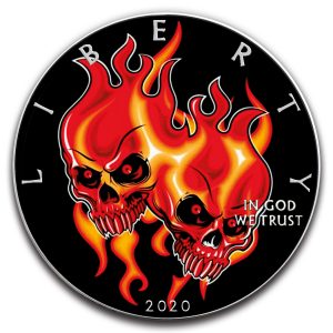 BURNING TWIN SKULLS - 2020 1 oz American Silver Eagle Colorized Pure Silver Coin