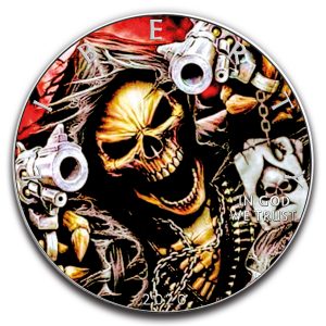 OUTLAW SKULL WITH REVOLVERS - 2020 1 oz American Silver Eagle Colorized Pure Silver Coin