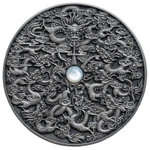 NINE DRAGONS - CHINESE LEGEND - 2020 2 oz Pure Silver Antique Finish Coin with Mother of Pearl  - Niue - LIMITED TO 200 MINTAGE