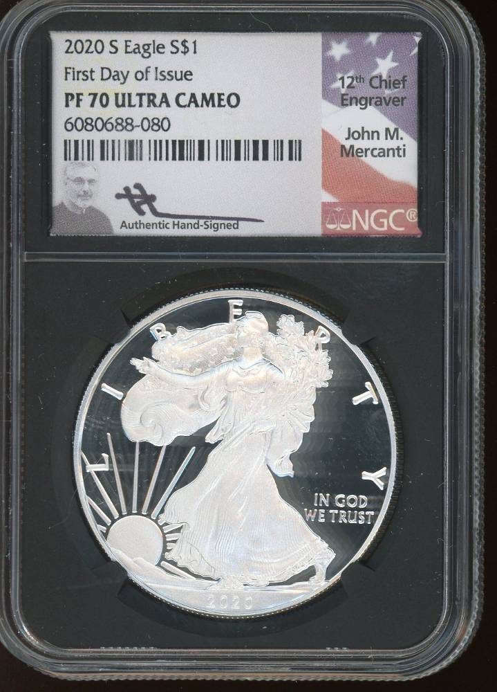 2020(s) $1 1 oz Proof Silver Eagle NGC PF70 Ultra Cameo First Day of Issue w/ Black Core & Mercanti Signature