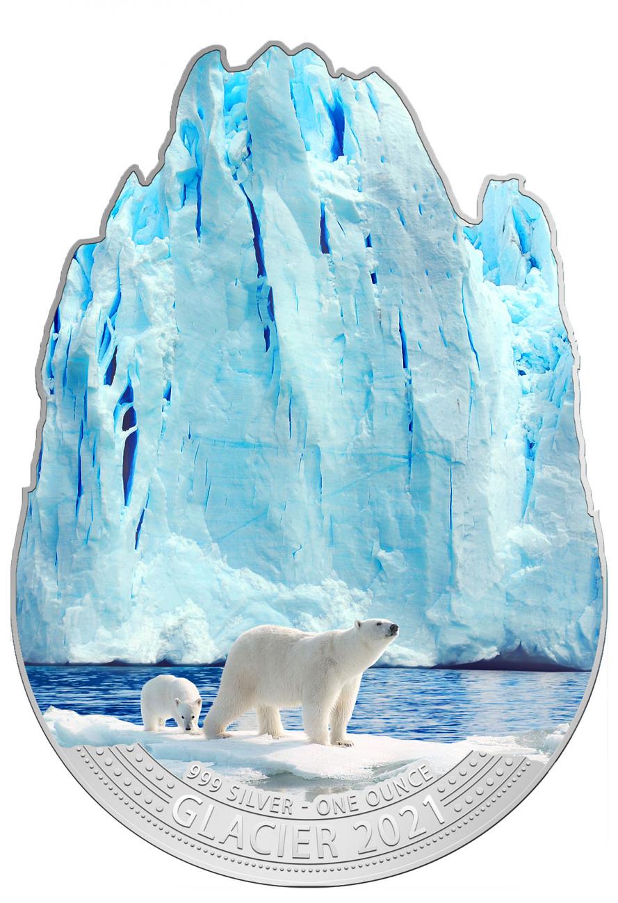 SILVER GLACIER - POLAR BEARS - 2021 1 oz Glacier Shaped Pure Silver Coin - Fiji