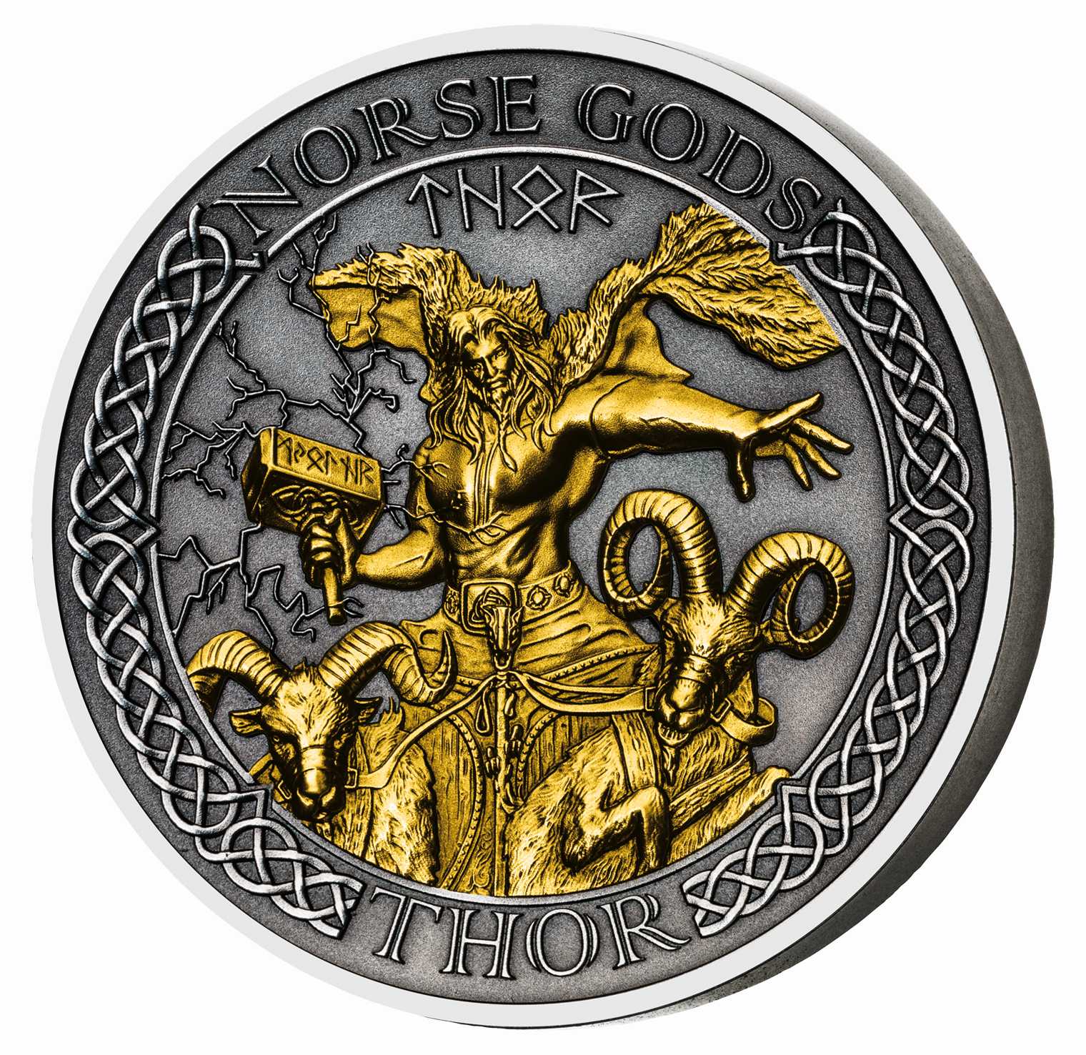 THOR - NORSE GODS - 2020 2 oz Pure Silver High Relief - 24K GOLD Plating Antique Finish - Cook Islands