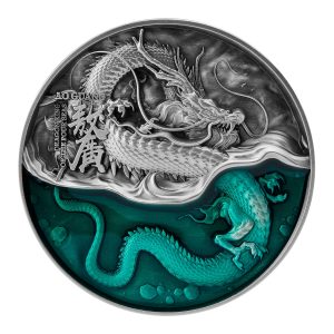 AO GUANG  AZURE DRAGON - THE DRAGON KING OF THE FOUR SEAS SERIES - 2021 10000 Francs CFA 2 oz Pure Silver Antiqued High Relief Coin with Translucent Green Enamel - Republique du Tchad