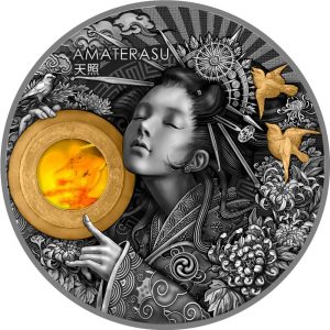 AMATERASU - Divine Faces Of The Sun - 2021 3 oz Pure Silver Antique Finish Coin with Selective Gilding and Amber Insert - Niue