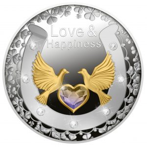 LOVE & HAPPINESS - DOVES - 2021 Pure Silver Proof Coin with Swarovski Elements  - Mint of Poland - Niue Island