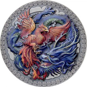 PHOENIX AND DRAGON - Oriental Culture Collection - 2021 50 Grams Pure Silver Antique Finish Coin Colored - Ghana