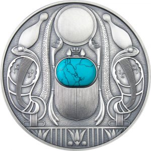 TURQUOISE SCARABAEUS 2021 $1 50 Grans Pure Silver Coin with Turquoise Insert - Niue