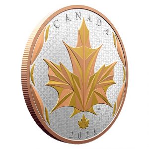 MAPLE LEAVES IN MOTION – 2021 $50 5 OZ  FINE SILVER GILDED COIN – ROYAL CANADIAN MINT