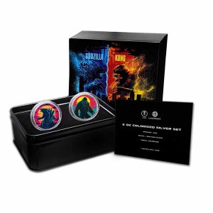 EXCLUSIVE 2-COIN SET - GODZILLA VS KONG - 2021 1 oz Pure Silver Proof COLORIZED Coin Set in Gift Tin Can w/ COA - Niue