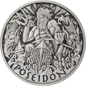 POSEIDON - GODS OF OLYMPUS - 2021 1 oz SILVER ANTIQUED COIN IN CAPSULE - TUVALU - PERTH MINT