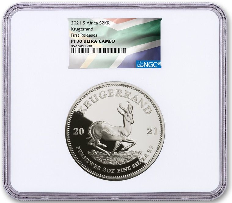 2021 South Africa 2-oz Silver Krugerrand Proof NGC PF70UC First Releases w/ SA Flag Label WC