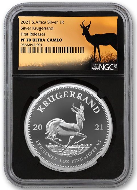 2021 South Africa 1-oz Silver Krugerrand Proof NGC PF70UC First Releases w/Black Core & Springbok Label