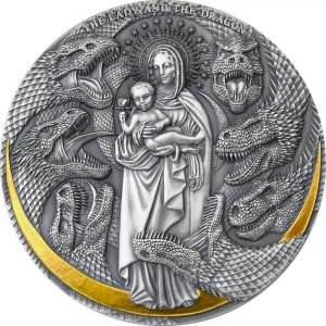 THE LADY AND THE DRAGON - Apocalypse - 2021 3 oz Pure Silver Antique Finish Coin with Selective Gold Gilding - Cameroon