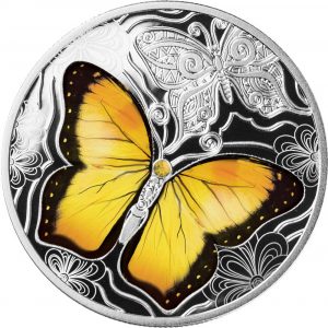 COLORFUL WORLD OF BUTTERFLIES II - YELLOW - 2021 500 FRANCS Pure Silver Coin with Swarovski Elements - Mint of Poland - Cameroon